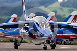 The French Air Force Armee de lÃ¢â¬â¢Air flying Dassault-Dornier Alpha Jet E jet trainer aircraft